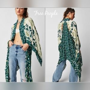 Free People Marley Print Kimono One Size Green and Cream NWT